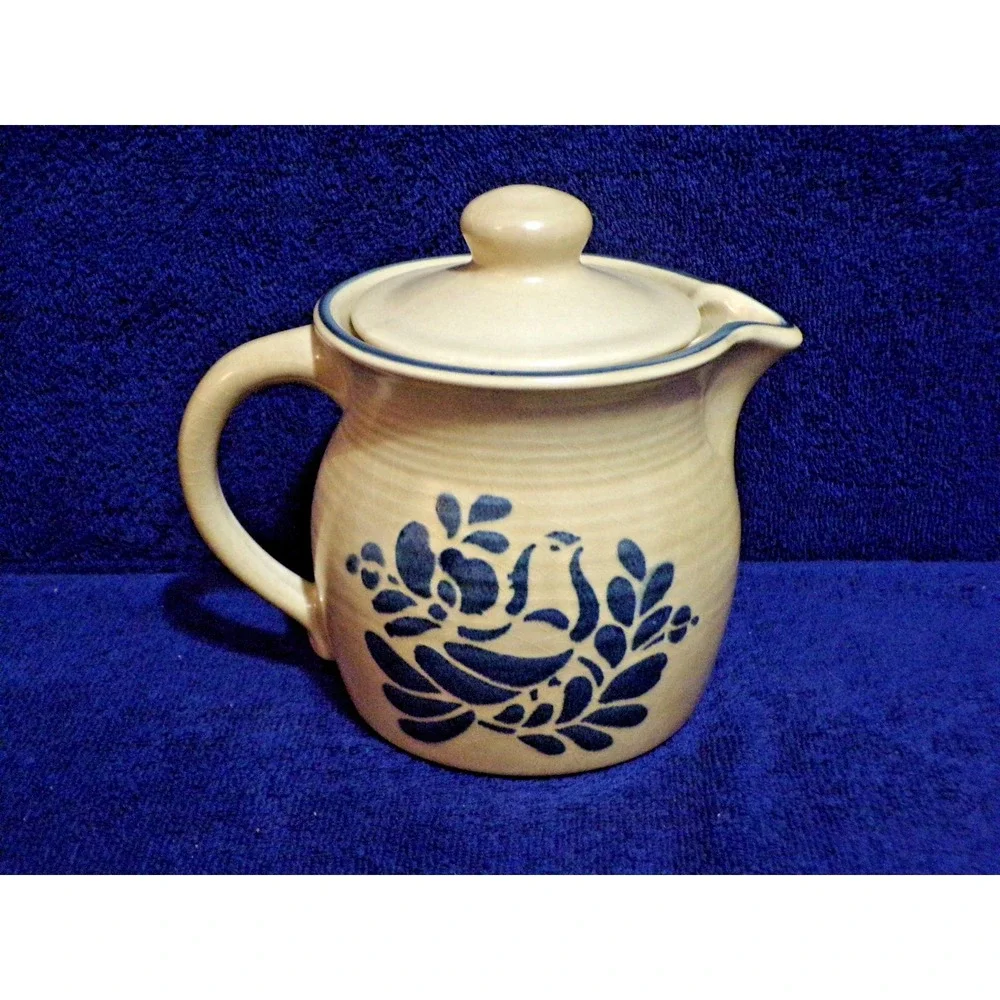 Pfaltzgraff Folk Art Tea Pot Creamer Brown & Blue Stoneware 40 oz #550 Vintage